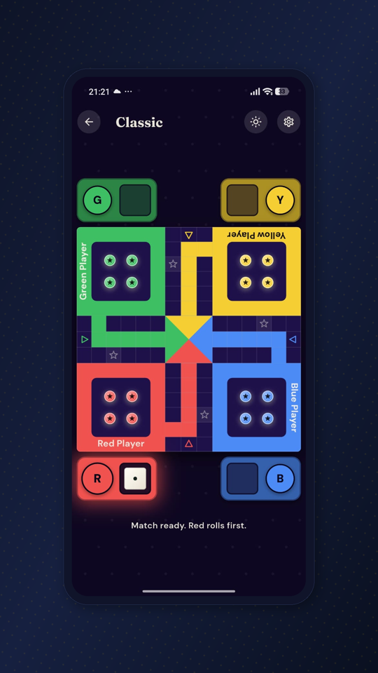 The same Ludo Pagla match rendered in the app’s dark theme