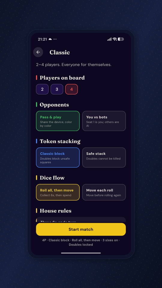 Ludo Pagla match setup screen with player count, opponents, token stacking, and dice flow options