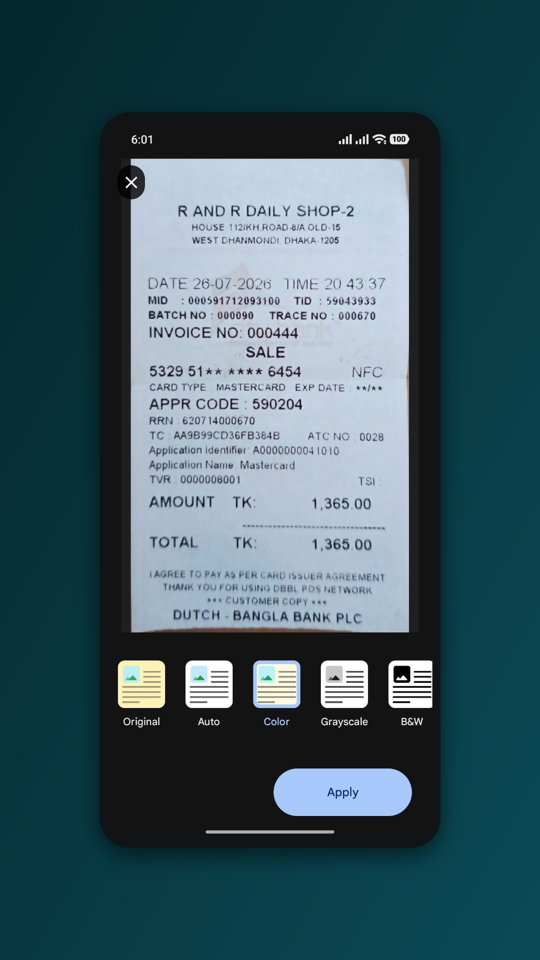 A scanned receipt in ScanHub with colour, greyscale and black-and-white filter options