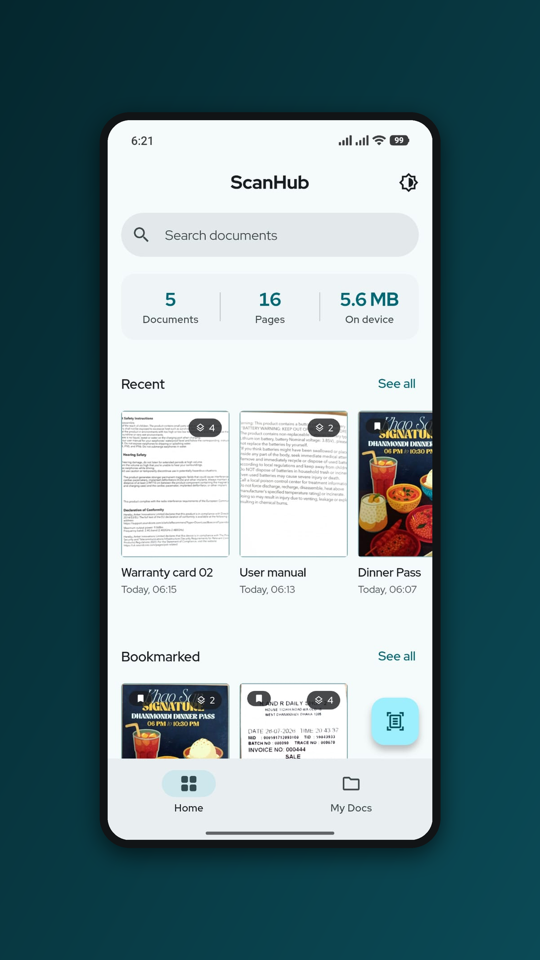 The ScanHub document library with search, storage stats, and recent and bookmarked scans