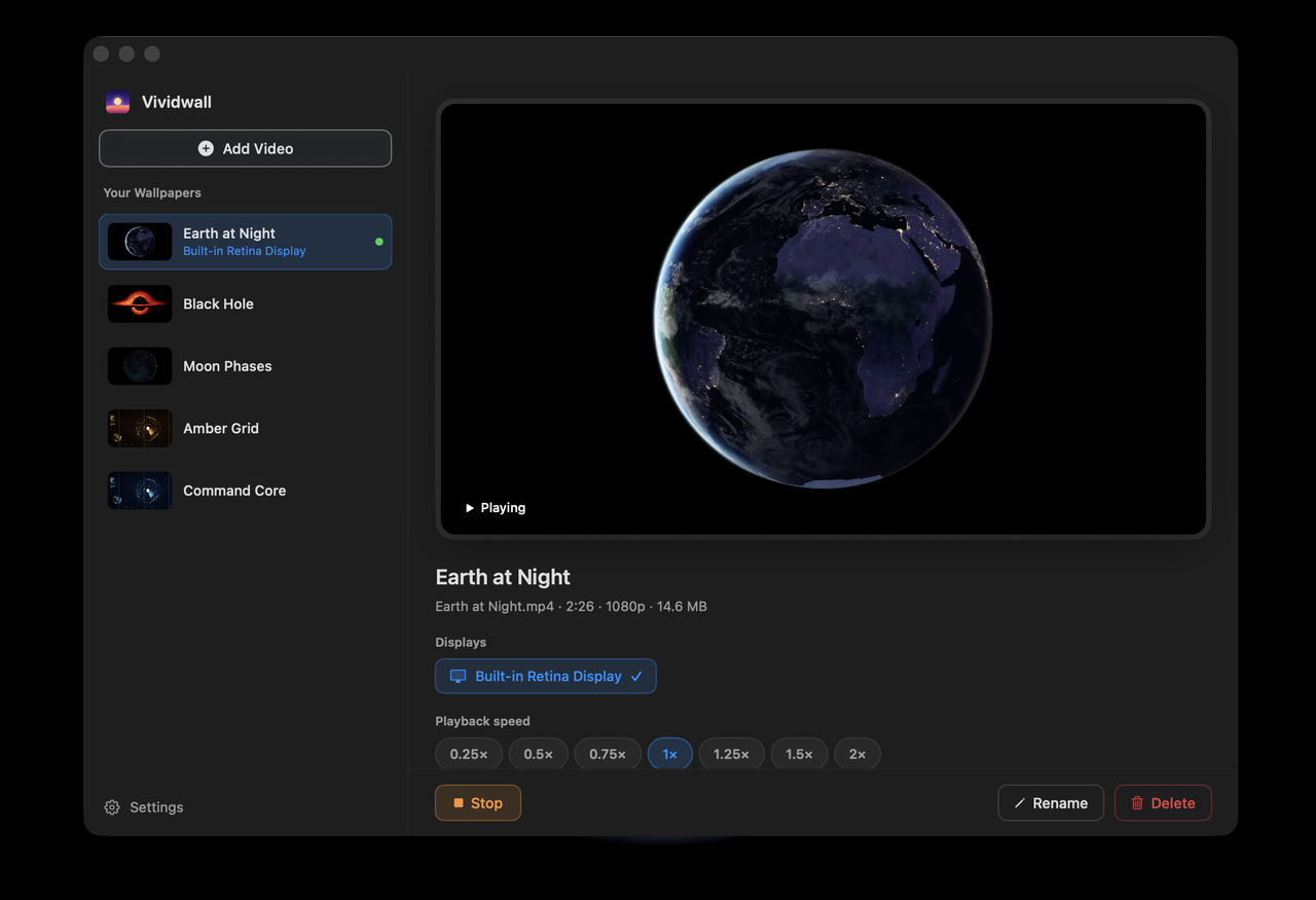 Vividwall’s window with the built-in Earth at Night NASA wallpaper playing in the preview