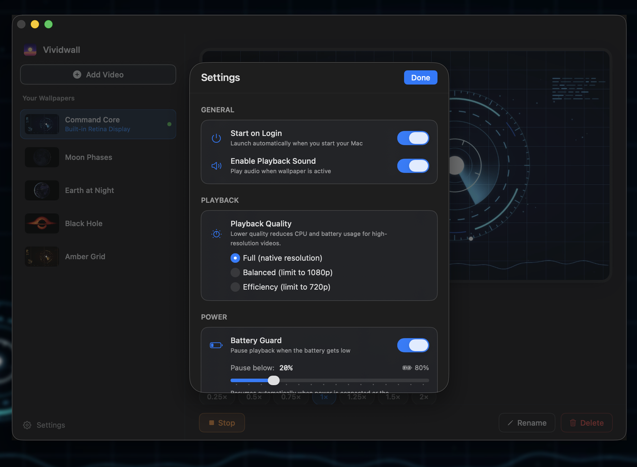 Vividwall settings — start at login, playback quality, and Battery Guard power controls